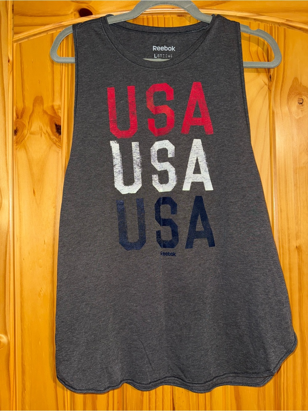 Reebok Charcoal Graphic USA Tank with Red, White & Blue Lettering